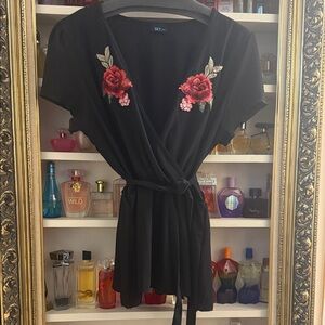 Black Wrap Dress with Red Floral Embroidery